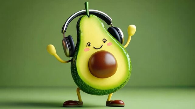Cheerful cartoon avocado character with headphones dancing and listening to music on green background, playful design suitable for funny graphics