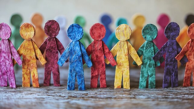 Paper cutout figures in a variety of colors standing in a row together