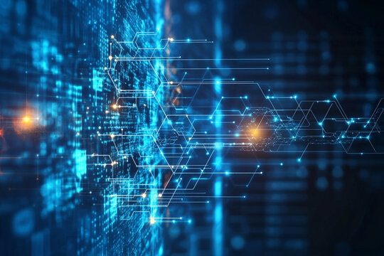 Abstract AI style background with neural network diagram and digital flows