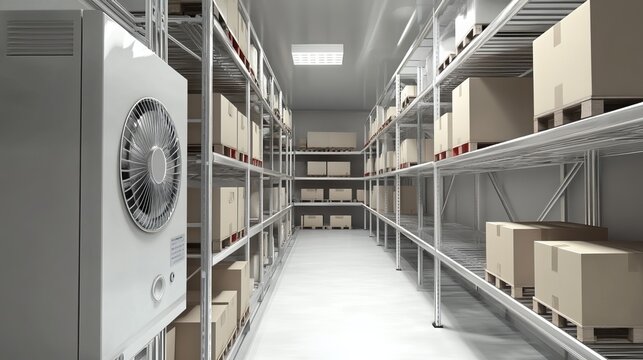 A 3D model shows industrial refrigeration equipment: a walk-in freezer with shelves stocked with boxes and a visible internal fan.  Ideal for frozen food storage in restaurants.
 