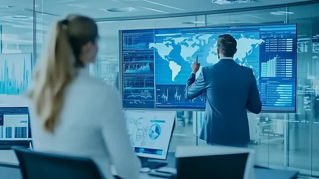 Analysts reviewing global data on screen - Powered by Adobe