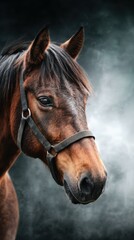Obraz premium Majestic brown horse gazing calmly against a misty background in a serene environment