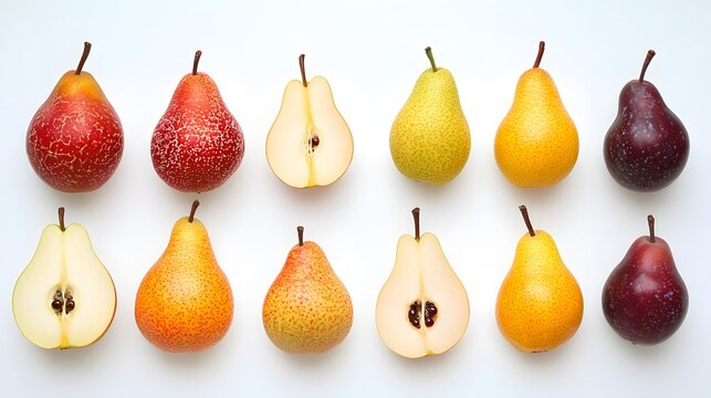 Colorful Pears Flatlay White Background.