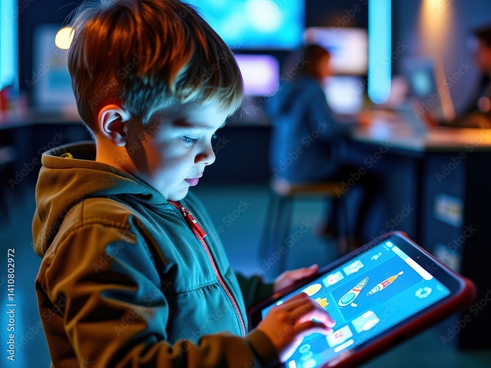 Poster young boy is sitting in front of tablet computer, engrossed in playing on it.