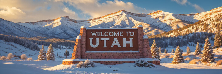 Sign with the inscription Welcome to  Юта against the background of a   winter  landscape
