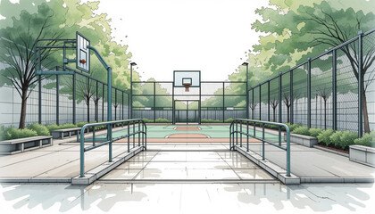Detailed illustration of an outdoor basketball court, showcasing accessibility features and a welcoming environment
