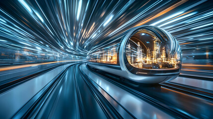 Fototapeta premium Futuristic Train Moving Through A Glowing Tunnel