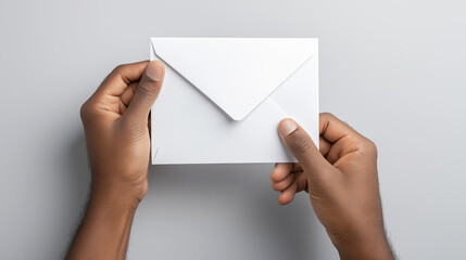 Fototapeta premium Close up of hands holding a white envelope on a simple gray background, perfect for communication and mailing related concepts