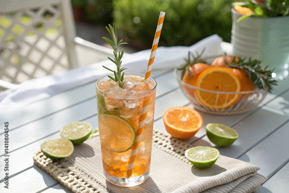 Poster glass of iced tewith lemon and lime wedges, sitting on table with bowl of oranges in background.