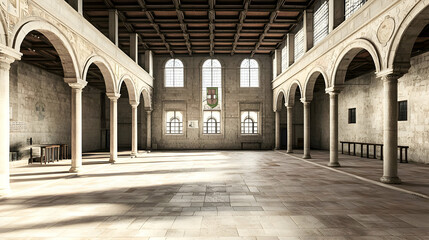 Grand Empty Hall With Stone Columns In Medieval Architecture