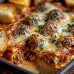 Close-up: meatball lasagna, bread.
