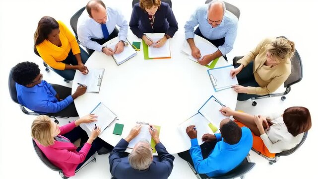 Diverse team discussing documents at round table