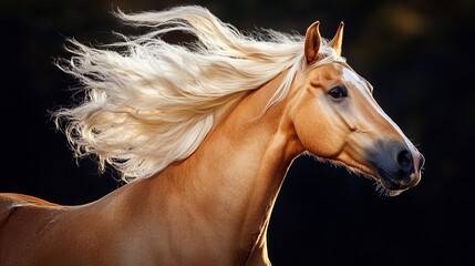 Obraz premium A golden palomino horse, its mane white, is silhouetted against a dark backdrop. 