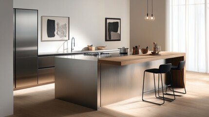 Modern kitchen with steel island, wooden countertop, art, lighting, for interior design background use