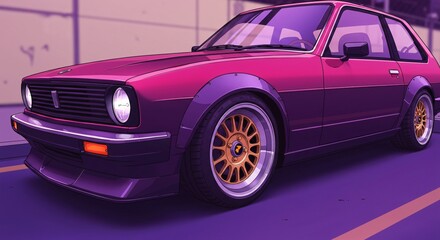 This is a digital illustration of a classic maroon car featuring shiny gold and silver rims. The vehicle is depicted in a stylized manner, parked on a purple surface marked with yellow lines.
