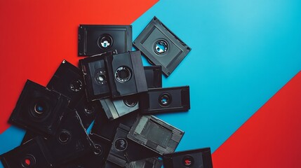 A pile of VHS tapes against a bold red and blue backdrop.
 