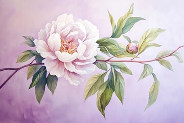 Obraz premium Delicate pastel peony blossoms on a branch.