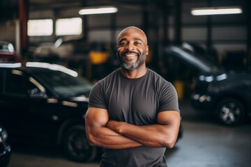 Obraz premium Middle Aged Caucasian car mechanic in a car mechanic shop smiling portrait