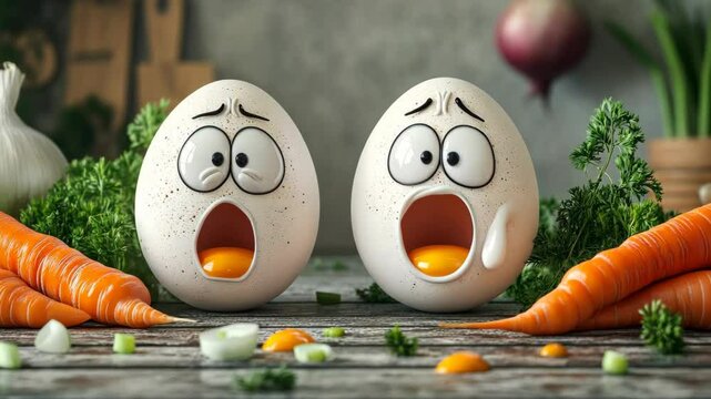 cartoon egg with an expressive face depicting surprise and sadness, scared egg in the kitchen