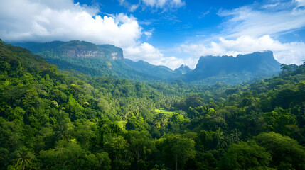 Fototapeta premium Panoramic View Of Lush Green Valley Between Mountains