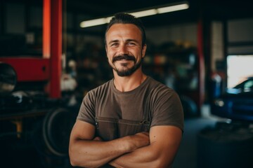 Fototapeta premium Middle Aged Caucasian car mechanic in a car mechanic shop smiling portrait