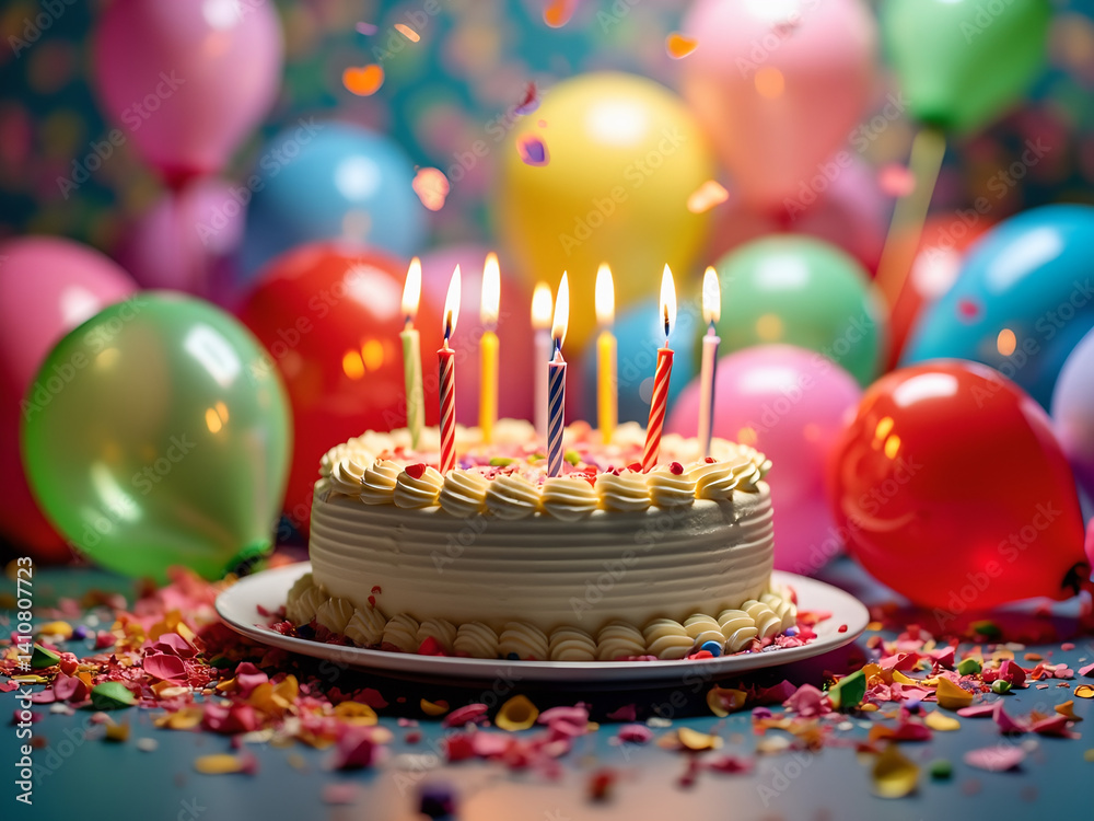 Poster round cake with white frosting and candles on top of it, surrounded by colorful balloons and confett