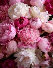 A lush peony bouquet featuring ruffled blush pink, creamy white, and deep magenta petals creates a dreamy, romantic floral display, with a sweet fragrance perfect for weddings and elegant decor.