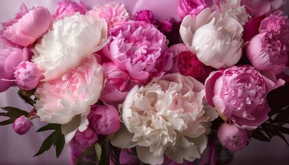 A lush peony bouquet featuring ruffled blush pink, creamy white, and deep magenta petals creates a dreamy, romantic floral display, with a sweet fragrance perfect for weddings and elegant decor.