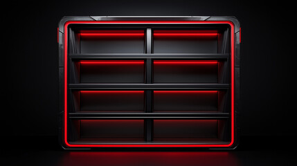 Obraz premium Futuristic empty storage shelves with glowing red neon frame in a sci fi industrial interior environment