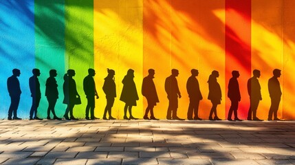 Rainbow wall with silhouetted people standing in a line against the vibrant backdrop