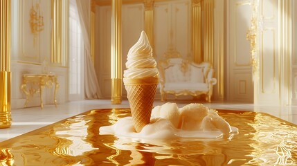 A surreal ice cream cone melting into a pool of liquid gold in a luxurious room 