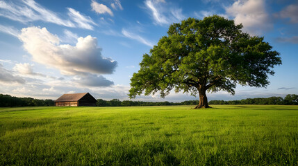 Lush Green Field With Old Cabin And Majestic Tree Under A Cloudy Sky