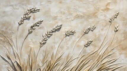 Elegant beige wheat stalks relief texture art background design gold home wall cream brown grass