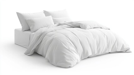 Crisp white bedding, including pillows and duvet, is arranged on a white backdrop.  A close-up, front view image ideal for design mockups.
 