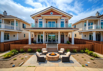 Aerial close-up of luxury single-family beach homes in Mission Beach, covered porches, brown picket fences, patios, and fire pits.
