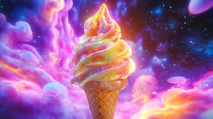 A surreal ice cream cone with glowing patterns spinning in a cosmic parlor 