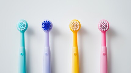 Four colorful electric toothbrush heads are shown from above against a white background.  Ideal for dental health and hygiene visuals.
 