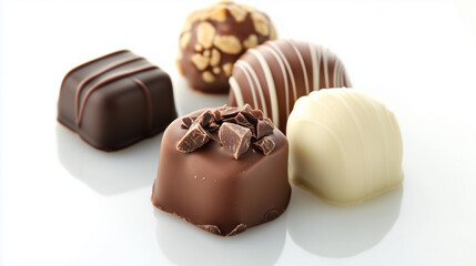 Fototapeta premium Luxurious chocolate pralines, professional food photography. Background, mockup with copy space for world chocolate day. Sweet chocolate truffles. Sweet food containing sugar.