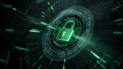 Green glowing padlock inside a digital circular interface, symbolizing online security, data protection, and digital privacy, perfect for technological concepts