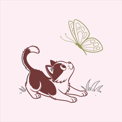 Cute Cat and Butterfly Logo – Playful Cartoon Style Vector Illustration for Pet and Nature Themes