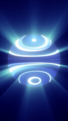 A futuristic glowing blue sphere with neon light rings emitting soft rays of light, resembling a high-tech concept or cosmic energy core