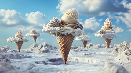 A surreal ice cream cone with scoops shaped like floating islands in a fantasy realm 