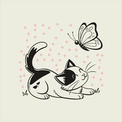 Cute Cat and Butterfly Logo – Playful Cartoon Style Vector Illustration for Pet and Nature Themes