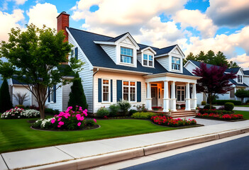 Landscaped Cape Cod-style suburban home with flower-lined sidewalk on a sunny day, American neighborhood.