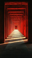Red corridor vanishing point perspective, symmetrical and mysterious