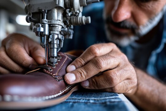 An expert craftsman operates a sewing machine to stitch a leather boot, highlighting the blend of traditional shoemaking skills with modern technology in creating fine footwear.