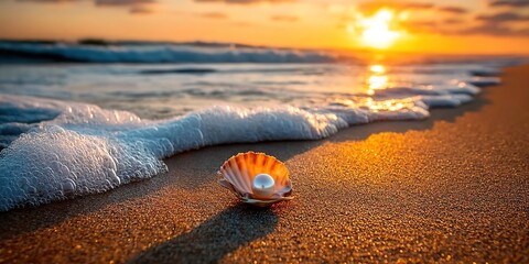 Obraz premium A seashell with a pearl lies on a sunset beach with gentle waves. Perfect for jewelry ads, meditation apps, or coastal travel guides.