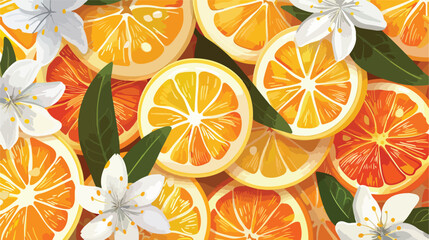 Fresh lemon and orange slices with vibrant orange blossom flowers on a seamless pattern background