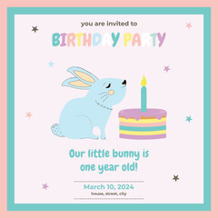 Children's Birthday Invitation with Cute Rabbit, Cake, Candle and Stars, Party