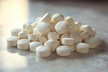 Heap of Round White Pills with a Score Mark Resting on a Textured Mottled Surface Under Soft...